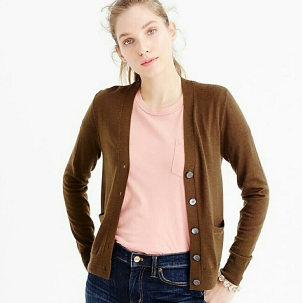J Crew~ Dark Olive 100% Merino V-neck Cardigan